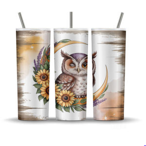 Rustic sunflower owl 20 oz tumbler wrap PNG featuring farmhouse wood accents and floral design