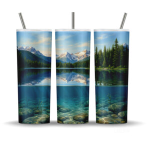 Whistler mountain lake tumbler wrap PNG with calm reflections, evergreen forest, and clear underwater stones
