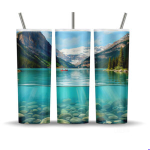Lake Louise Crystal Waters Banff alpine water split tumbler wrap with turquoise glacial lake and rocky mountains