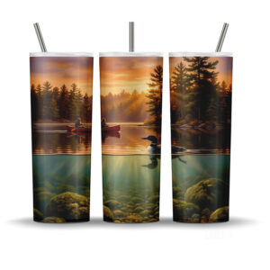 Muskoka Loon of the North water split tumbler wrap with loon floating on lake and silhouette below water