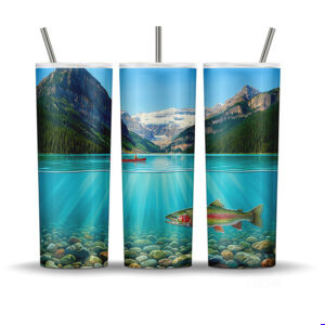 Lake Louise Glacial Escape water split tumbler wrap featuring Banff alpine lake and rocky mountains