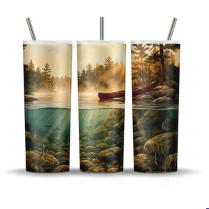 Muskoka Northern Lake Drift water split tumbler wrap with canoe floating on lake and fish below surface