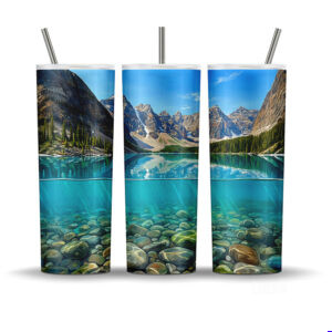 Moraine Lake Canadian Rockies water split 20oz tumbler wrap PNG featuring turquoise glacial water and mountain reflections