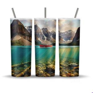 Moraine Lake canoe water split 20oz tumbler wrap PNG featuring turquoise glacial water, Rocky Mountains, and underwater lake stones
