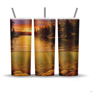 Muskoka Golden Lake Serenity water split tumbler wrap featuring calm cottage country lake and underwater stones