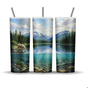 Whistler alpine lake tumbler wrap PNG with canoe, mountain goat, forest, and underwater stones in water split design