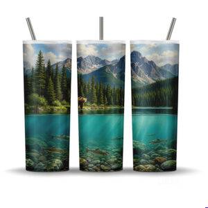 Whistler glacial lake tumbler wrap PNG with bear, mountain forest, and underwater trout in water split design