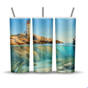 Peggy's Cove Granite Coast Serenity water split tumbler wrap with lighthouse and Atlantic ocean