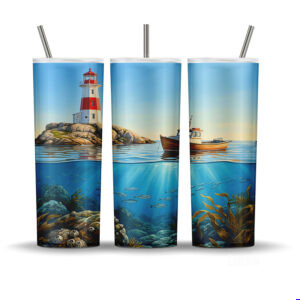 Peggy's Cove Atlantic Current water split tumbler wrap with lighthouse and Atlantic ocean fish below surface