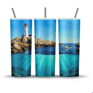 Peggy's Cove Coastal Heritage water split tumbler wrap with lighthouse and Atlantic ocean seabed