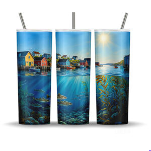 Newfoundland harbour tumbler wrap PNG with colourful houses, fishing boats, and calm underwater ocean scene