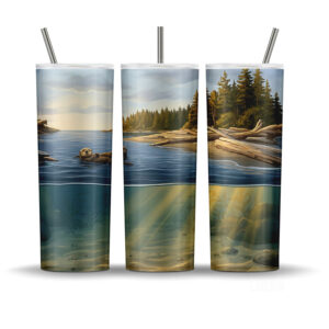 Coastal tumbler wrap PNG with sea otters, driftwood beach, and soft underwater sunlight in water split design