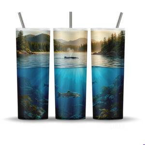 Coastal tumbler wrap PNG featuring whale above water and salmon swimming underwater in a water split ocean design