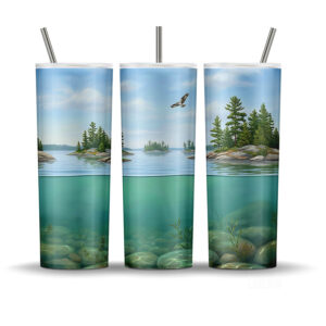 Thousand Islands tumbler wrap PNG with pine islands, calm Ontario lake, and underwater freshwater scene