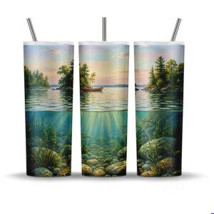 Thousand Islands tumbler wrap PNG with sunset canoe scene, heron, and underwater freshwater lake detail