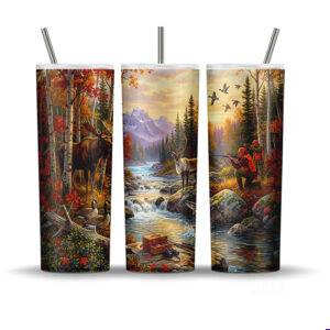 Autumn hunting tumbler wrap PNG with moose deer and duck hunters