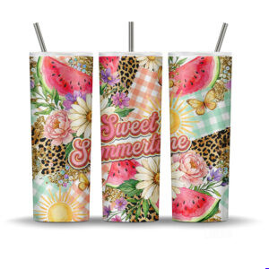 Sweet summertime tumbler wrap with watermelon slices, florals, leopard print, glitter, plaid, and sun elements