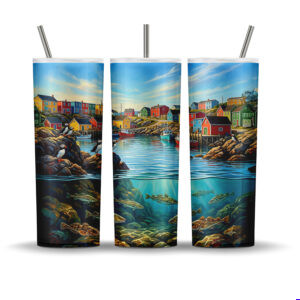 Newfoundland harbour tumbler wrap PNG with jellybean houses, puffins, fishing boats, and underwater ocean fish