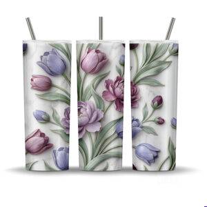 Purple tulip and peony tumbler wrap PNG on white marble background