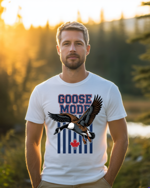 Goose Mode men’s Canadian goose sublimation PNG with navy stripes and red maple leaf