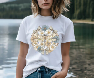 Dusty blue dragonfly sublimation PNG design featuring daisy flowers striped bows leopard print wings and neutral checker accents on white shirt mockup