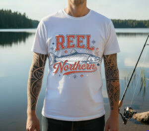 Reel Northern sublimation PNG design featuring vintage spotted trout illustration with red typography and Canadian maple leaf accents on white t-shirt mockup