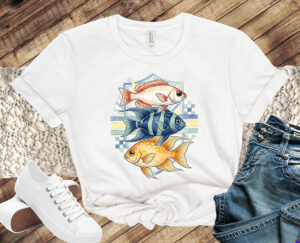 Preppy tropical fish design with three stacked fish in coral blue and golden tones over a geometric coastal background