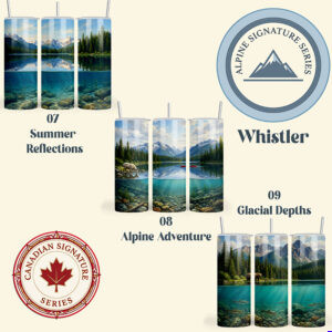 Whistler tumbler wrap bundle PNG featuring mountain lake, canoe scene, bear wildlife, and underwater trout designs