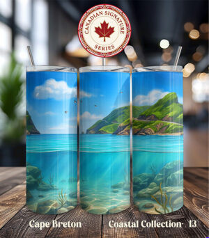 Cape Breton Coastal Highlands tumbler wrap PNG with green cliffs and underwater scene