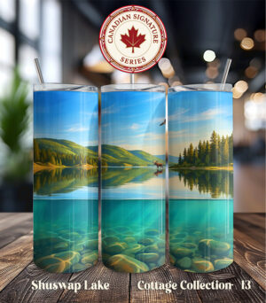 Shuswap Lake Summer Horizon tumbler wrap PNG with hills, water reflections and underwater stones