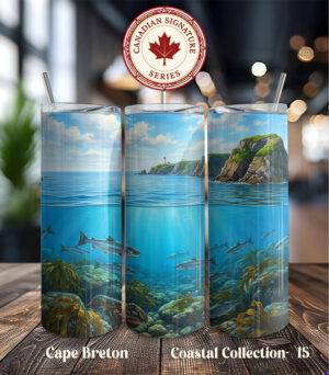 Cape Breton Atlantic Depths tumbler wrap PNG with underwater kelp and fish beneath cliffs and lighthouse