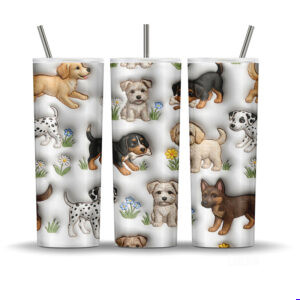 Puppy Parade 20oz tumbler wrap PNG with cute multi-breed puppies, dog bones, daisies and grass accents