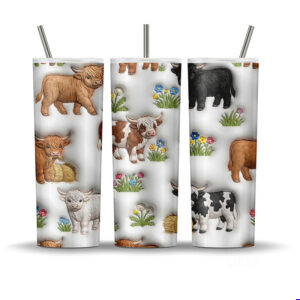 Cute highland cow tumbler wrap with fluffy cows, calves, wildflowers, hay bales, dandelions, and soft farmhouse country details.