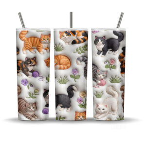 Cute cat tumbler wrap with playful kittens, yarn balls, flowers, leafy greens, and cozy pet lover details on a 20oz skinny tumbler mockup.