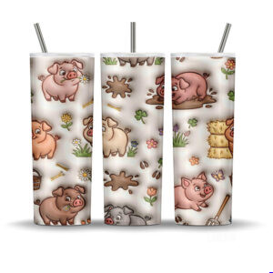 Cute pig tumbler wrap with cartoon pigs, mud puddles, daisies, clover, hay bales, farm tools, butterflies, and cozy barnyard details on a 20oz skinny tumbler mockup.