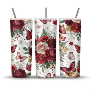 Canada Day 20oz skinny tumbler wrap PNG with red florals, butterflies, maple leaves, gold stars and Canadian flag accent