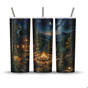 Starry Cabin Nights tumbler wrap PNG with rustic cabin, campfire, evergreen forest, moon and constellations