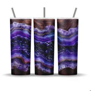 Royal amethyst geode and walnut wood tumbler wrap PNG with gold leaf vein