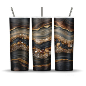 Black geode and walnut wood tumbler wrap PNG with gold crystal vein