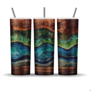 Emerald wood resin agate 20oz tumbler wrap PNG with rustic wood grain, green geode layers, deep blue resin bands, and gold glitter accents.