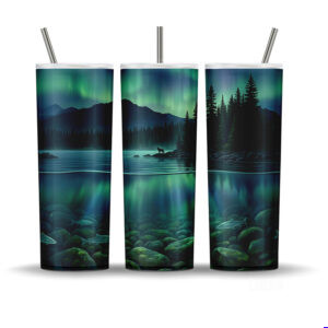 Jasper northern lights tumbler wrap PNG with wolf silhouette and underwater trout from Canadian Signature Series
