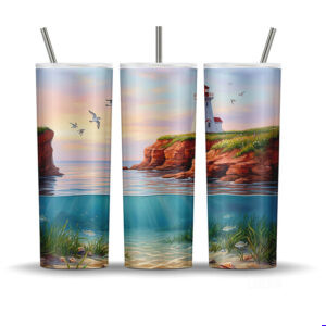 Prince Edward Island lighthouse tumbler wrap PNG with red cliffs and underwater seagrass