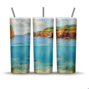 Prince Edward Island Coastal Drift tumbler wrap PNG with red cliffs and underwater fish