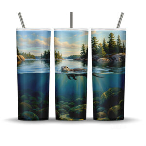 Lake of the Woods Wilderness Waters tumbler wrap PNG with otter and underwater stones