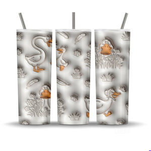 Debossed goose tumbler wrap with silly cartoon geese, orange beaks, feathers, flowers, grasses, and soft cottage farmhouse details on a 20oz skinny tumbler mockup.