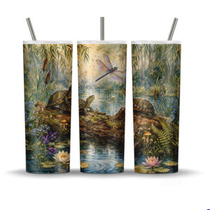 Turtle pond 20oz skinny tumbler wrap PNG with painted turtles, dragonfly, lily pads, cattails, mushrooms and woodland water scenery