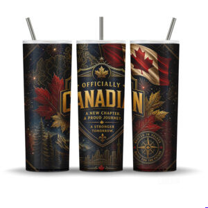 Officially Canadian 20oz skinny tumbler wrap PNG with gold lettering, Canadian flag, maple leaves, fireworks, mountains and skyline details