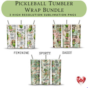 Pickleball tumbler wrap bundle PNG with 3 feminine sporty and sassy 20oz skinny sublimation designs for women players