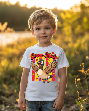 Goose Mode kids Canadian goose sublimation PNG with red yellow stripes and maple leaves