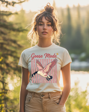 Goose Mode Canadian goose sublimation PNG with pink stripes maple leaves and floral accents